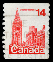 Stamp printed in Canada shows Parliament Buildings