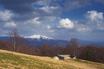Camping in the mountains in spring