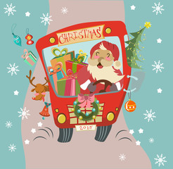 Funny Christmas background with Santa Clause and deer in bus