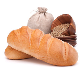 Bread, flour sack and grain isolated on white background cutout