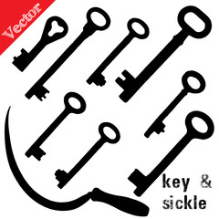 Set of silhouettes old keys and sickle, isolated on white