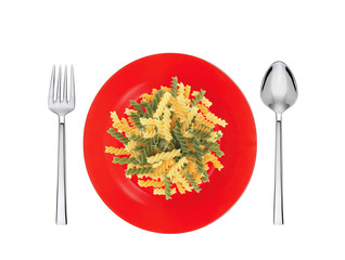 Delicious colorful spaghetti on plate on white background