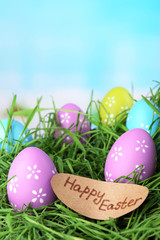 Easter composition with eggs on green grass, on blue background