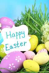 Easter composition with eggs on green grass, on blue background