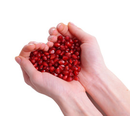Ripe pomegranate in hands isolated on white