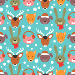 Winter seamless pattern with adorable animal faces