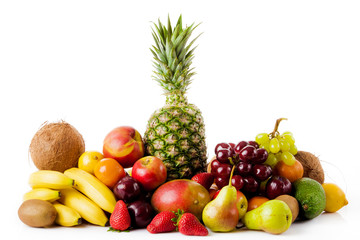 Fresh fruits isolated on a white . Set of different fresh fruits