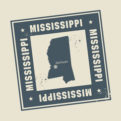 Grunge rubber stamp with name and map of Mississippi, USA