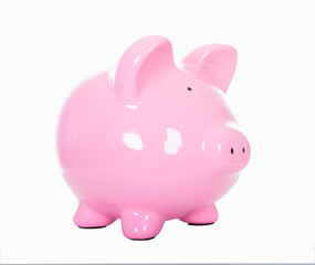 Pink ceramic piggy bank isolated on white