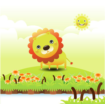Illustration of a funny lion on green grass