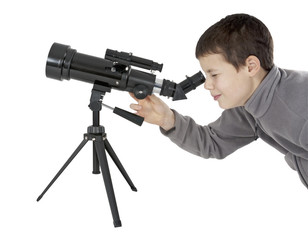 Young man looking through astronomy telescope, clipping path