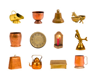 various brass and copper objects collection isolated on white