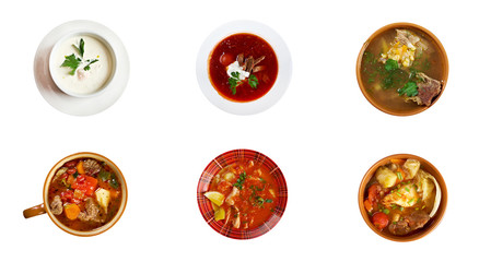 Food set of different traditional soups.