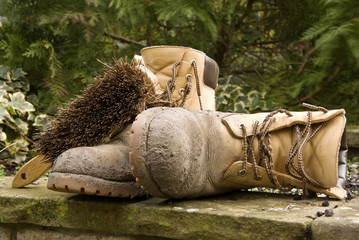 Dirty boots and a brush