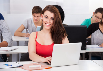 Beautiful University Student With Laptop At Desk