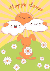 Happy Easter Kawaii Cute card with daisies and clouds