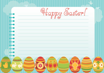 Easter background. Easter eggs and page of  exercise book