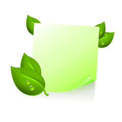 Note with leaves and drops of dew. Label with place for text.
