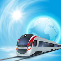 Concept background with high-speed train, the globe and sun.