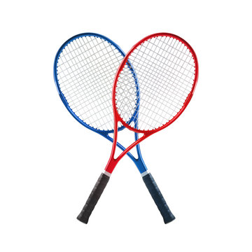 Blue and red tennis rackets isolated white background