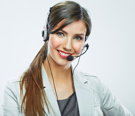 Portrait of woman customer service worker, call center smiling