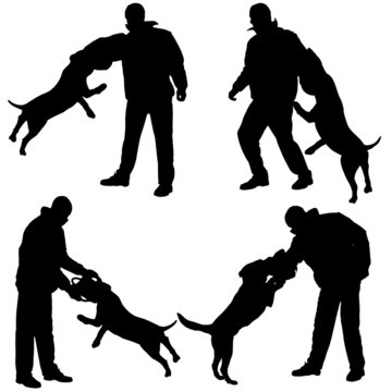 Vector silhouette of a man and dog.
