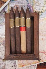 four cigars in a box on a colorful background