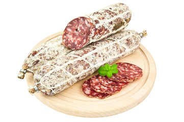 salami on wooden planks