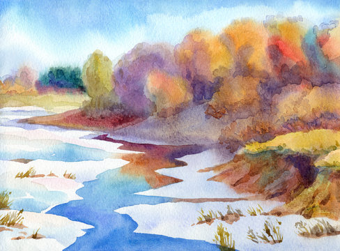 Watercolor landscape. Thaw the river in valley near forest