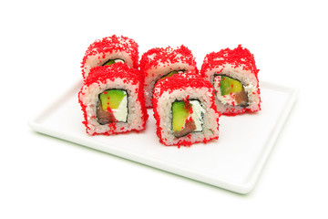 rolls with caviar on a plate on white background