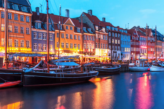 Evening scenery of Nyhavn in Copenhagen, Denmark