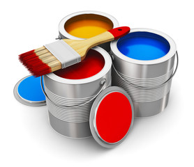 Cans with color paint and paintbrush