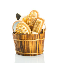 Set of bath accessories inside busket