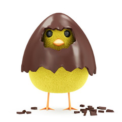 Little Chicken in Broken Chocolate Easter Egg isolated on white 