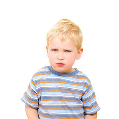 Angry and serious beautiful boy isolated on white