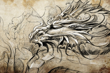 Medieval dragon head. Tattoo design over grey background. textur