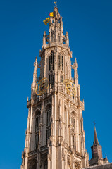 Details of asymmetric tower Cathedral Of Our Lady in Antwerp