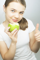 Healthy Eating Concept: Caucasian Teenage Girl Holding Green App