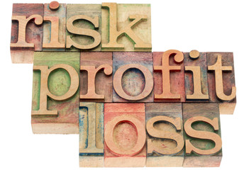 risk, profit, loss words in wood type
