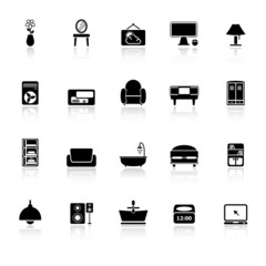 Home furniture icons with reflect on white background
