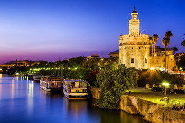 Fototapeta premium Widok na Złotą Wieżę (Torre del Oro) w Sewilli, Andaluzja, Hiszpania