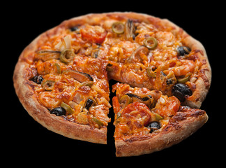 Pizza with seafood srimp on black