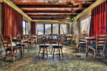 Abandoned restaurant dining room - obrazy, fototapety, plakaty