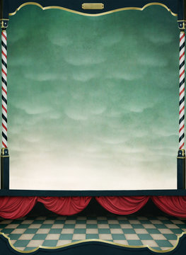 Background with red curtains and  wooden frame