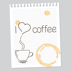 'I love coffee' note with drawn cup and coffee stains