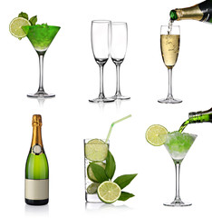 Alcoholic drinks collage with champagne and cocktails