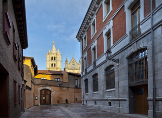 Leon, street view and cathedral.Castilla y Leon.Spain.