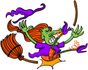 Unlucky witch having an accident while riding her broom