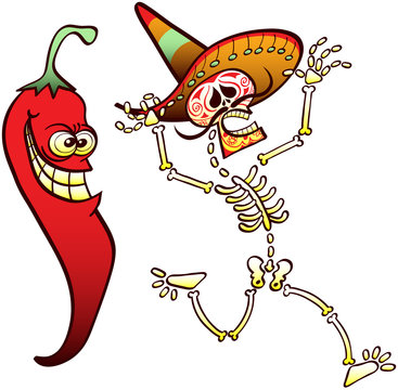 Mischievous Red chili scaring a Mexican skeleton