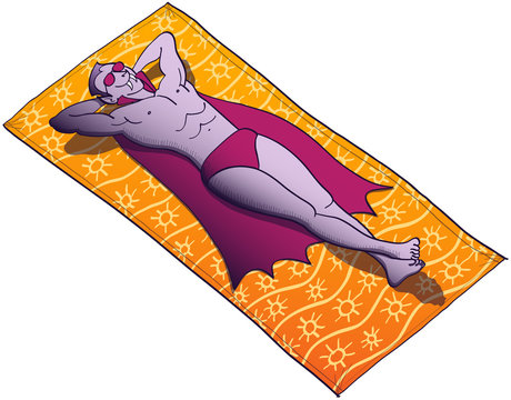 Odd vampire beating his fear and fulfilling his dream of wearing his swimsuit, his sunglasses, lying on a beach towel decorated with summer designs and taking a sun bath while wearing his cape